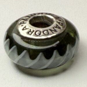 Pandora Black Green Murano Glass Charm White Zig Zag Wave 925 ALE Threaded